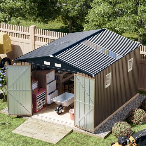Outdoor Storage Shed 10 x 12ft. Utility Tool Shed Metal Storage Garden Shed with Lockable Doors, Windows & Metal Frame Floor for Patio Storage,Brown