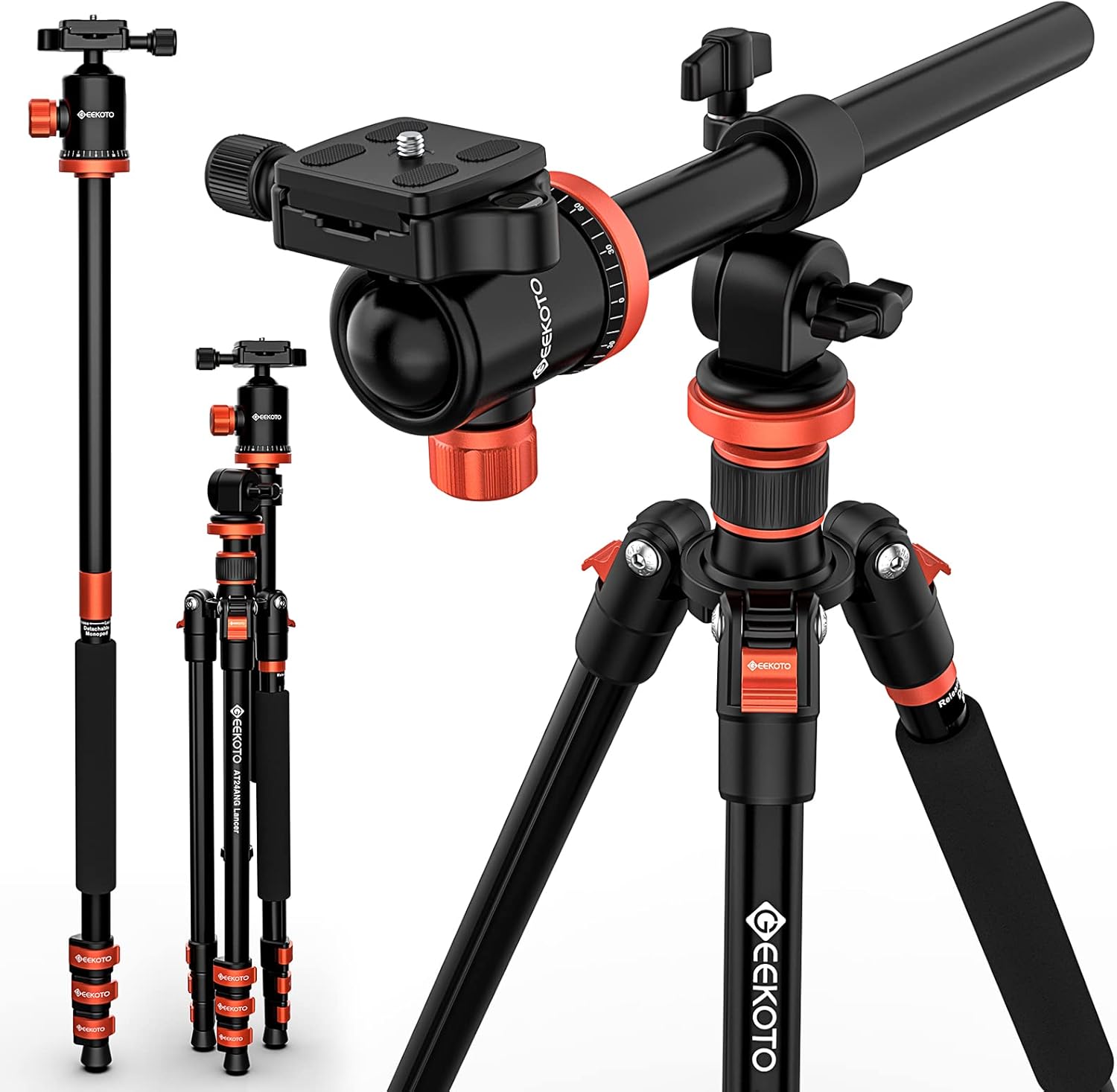 GEEKOTO Tripod, 76 Inch Camera Tripod with Rotatable Horizontal Center Column, Aluminium Professional Tripod for DSLR with 360 Degree Ball Head, Quick Release Plate