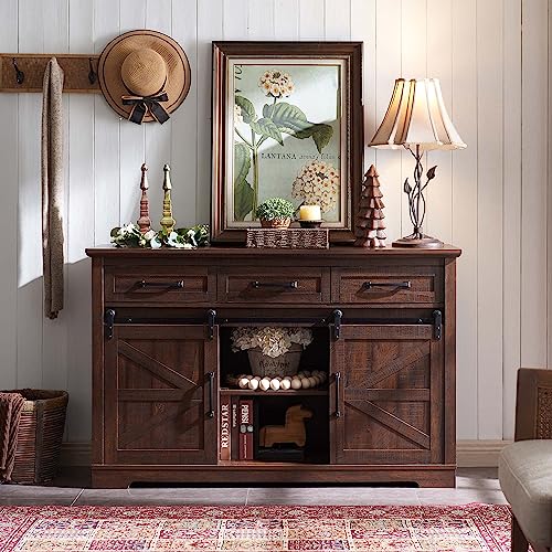 Farmhouse Buffet Cabinet with Storage, 53" Coffee Bar Cabinet w/Sliding Barn Door, Rustic Sideboard Buffet Cabinet with 3 Drawers for Dinning Room, Kitchen, Hallway, Living Room (White)