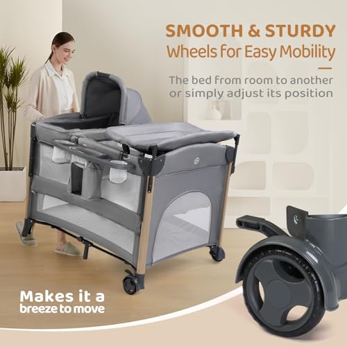 JOYMOR 7 in 1 Bedside Bassinet with Changing Table, All in One Nursery Center, Bedside Sleeper with Mattress, Sheet, Canopy, Storage Shelf and Hanging Toy,Gray