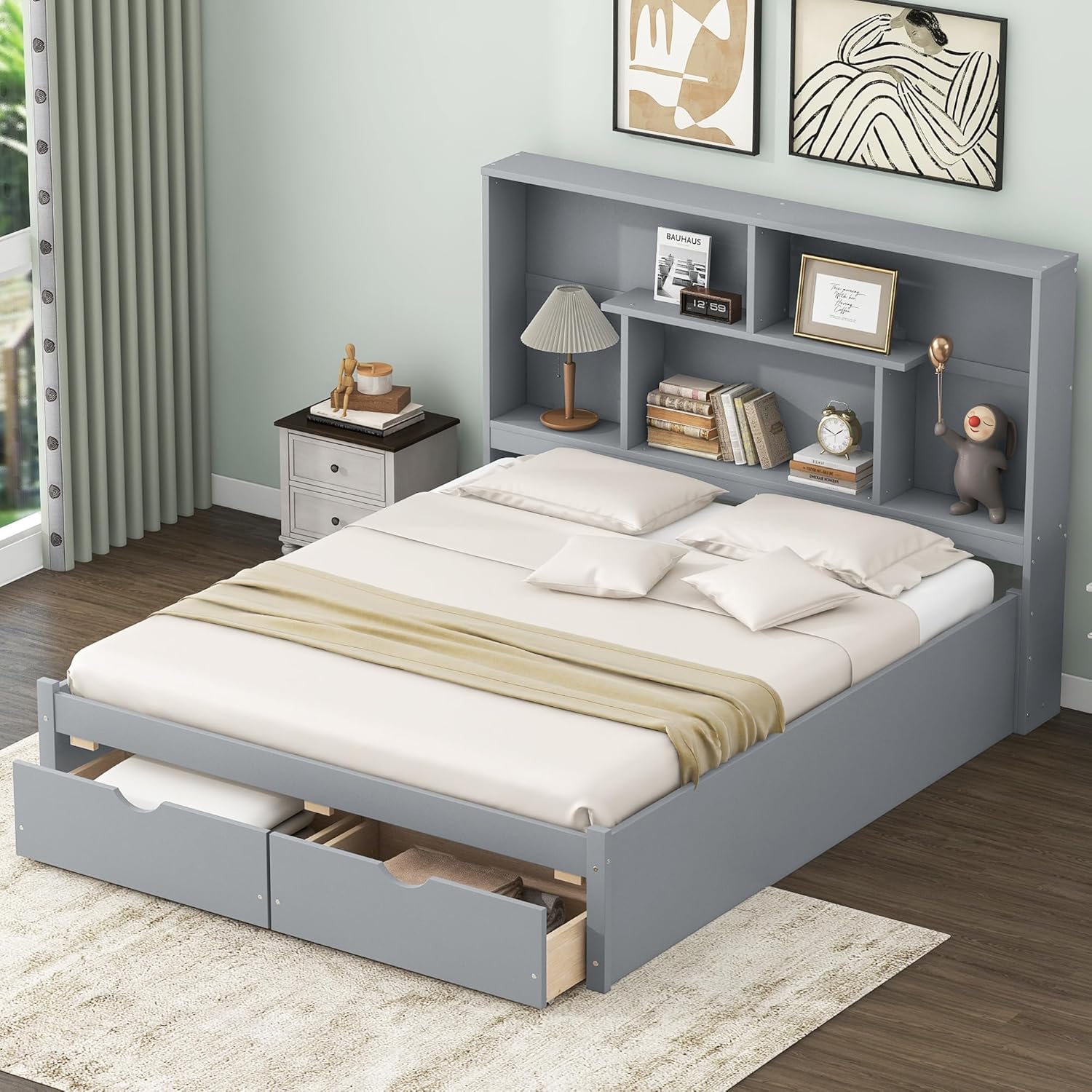 Queen Size Bed Frame, Wooden Platform Bedframe with Bookcase Headboard and 2 Storage Drawers, No Box Spring Needed, Gray