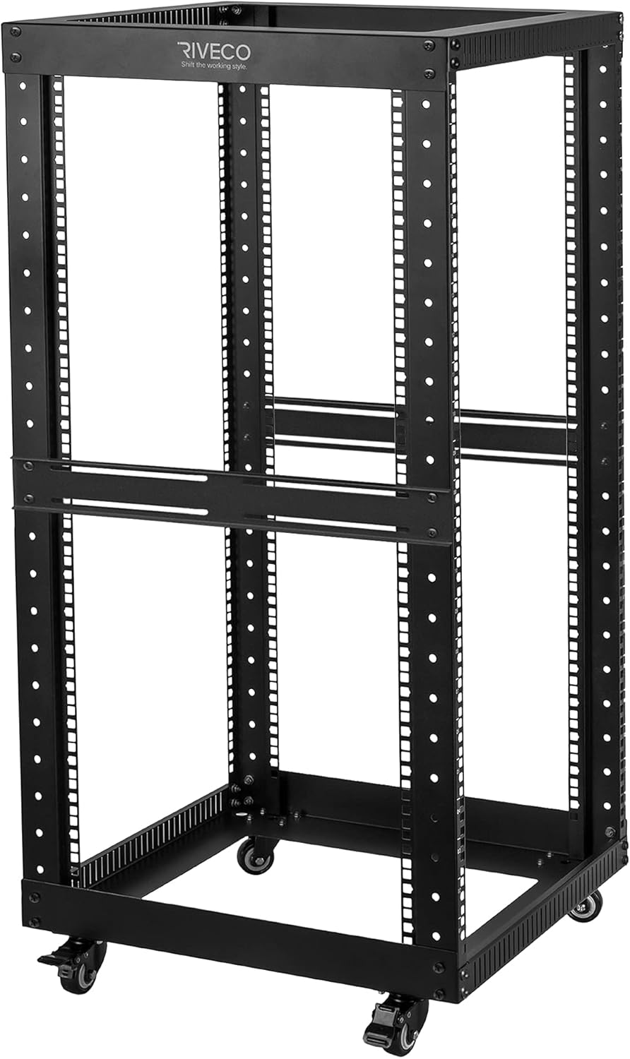 RIVECO 9U Open Frame Server Rack with Casters- Heavy Duty 4 Post Quick Assembly 19-inch, Stereo Rack Network Cabinet Black