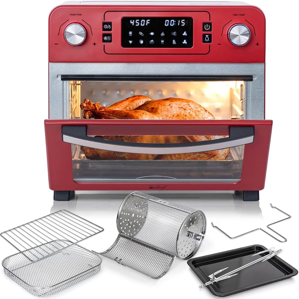 Deco Chef TQAIRRED 24QT Stainless Steel Countertop Toaster Air Fryer Oven Red (Renewed)