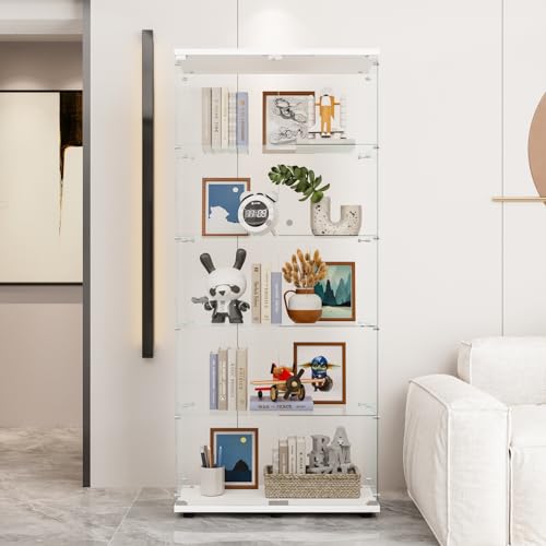 4-Tier Glass Display Cabinet, Double Door with Locks, 31.5" x 14.2" x 66.3", White, Floor Standing, for Living Room, Bedroom, Showroom, Office