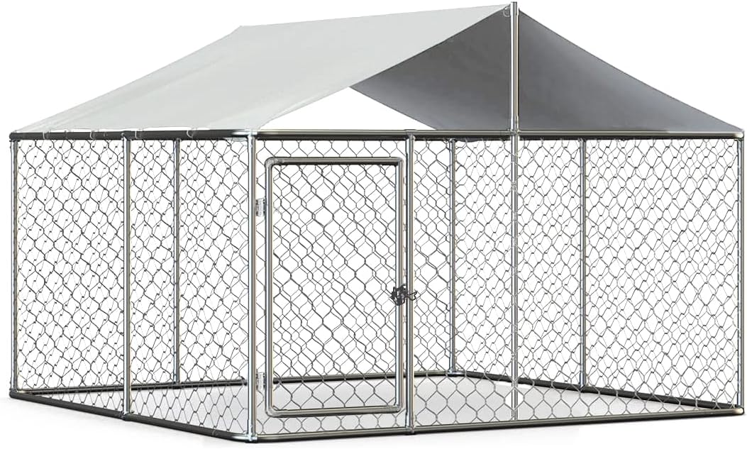 Heavy Duty Dog Cage Outdoor Dog Kennels Outside Pet Playpen for Dogs Outdoor Dog House with Water-Resistant Cover for Back or Front Yard (Silver, 90"x90"x63")