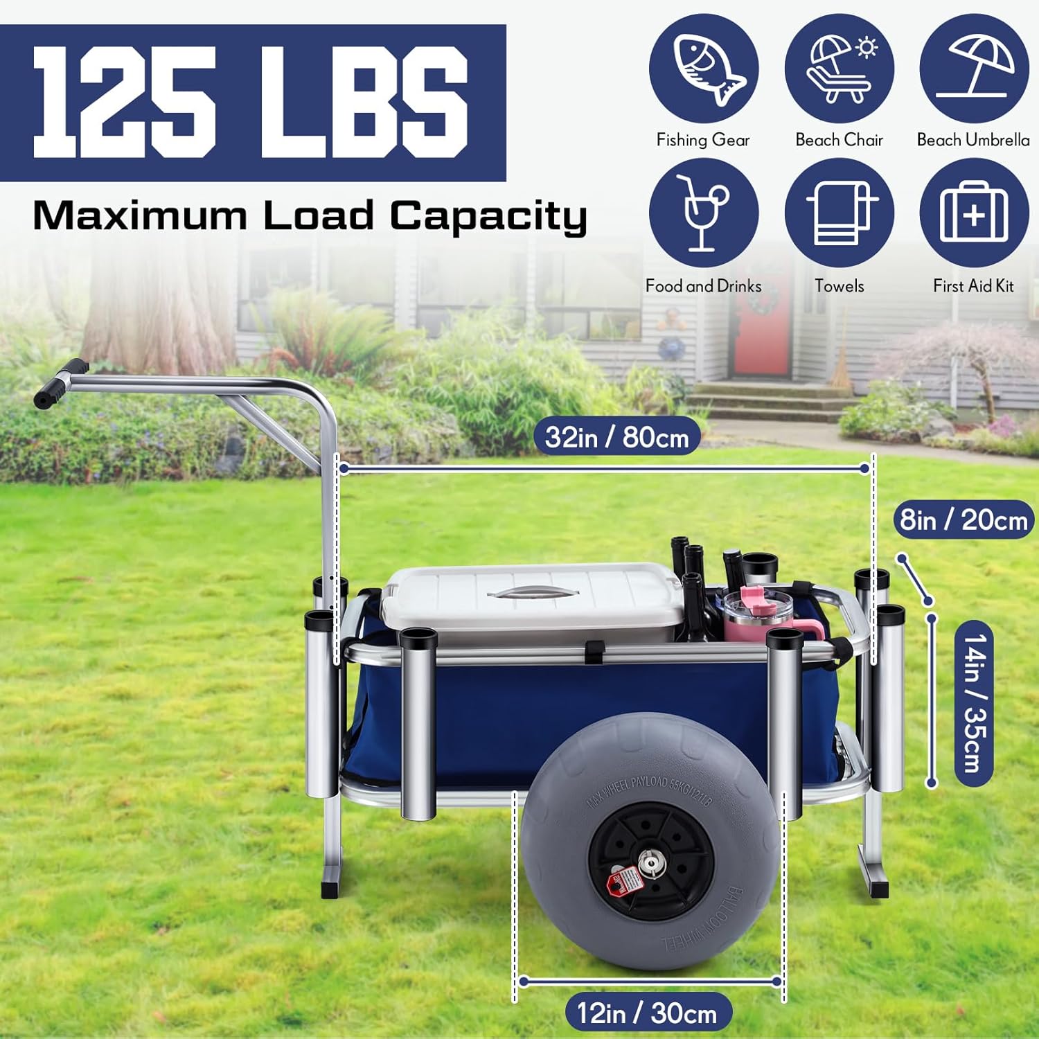Beach Fishing Cart Balloon Wheels Balloon Tire Surf Outdoor Heavy Duty Aluminum Fishing Rolling Wheel Wagon Beach Cart with Large Wheels for Fishing Camping 32 x 14 Basket Anti Corrosion