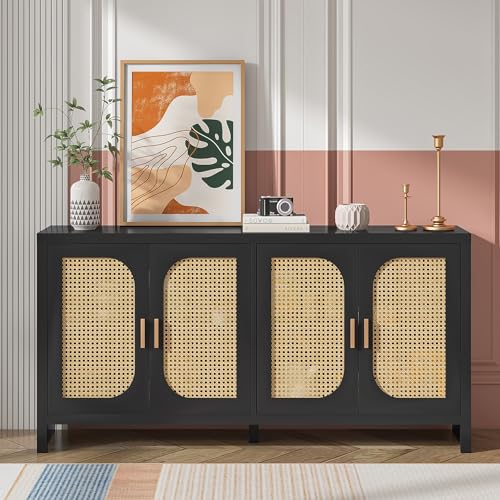 Sideboard Buffet Cabinet with 4 Rattan Doors,Accent Cabinet with Storage,Wood Modern Coffee Bar Cabinet Console Table,with Adjustable Shelves,Dining Room,Kitchen,Living Room,Entryway,Black