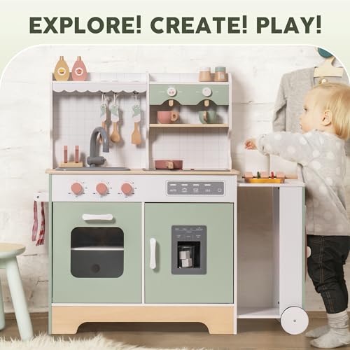 ROBUD Play Kitchen Set, Wooden Play Kitchen with Ice Maker, Fridge, Coffee Machine, Oven, Dishwasher, Microwave, Kitchen Accessories, Toy Kitchen Gift for Boys Girls, 3+