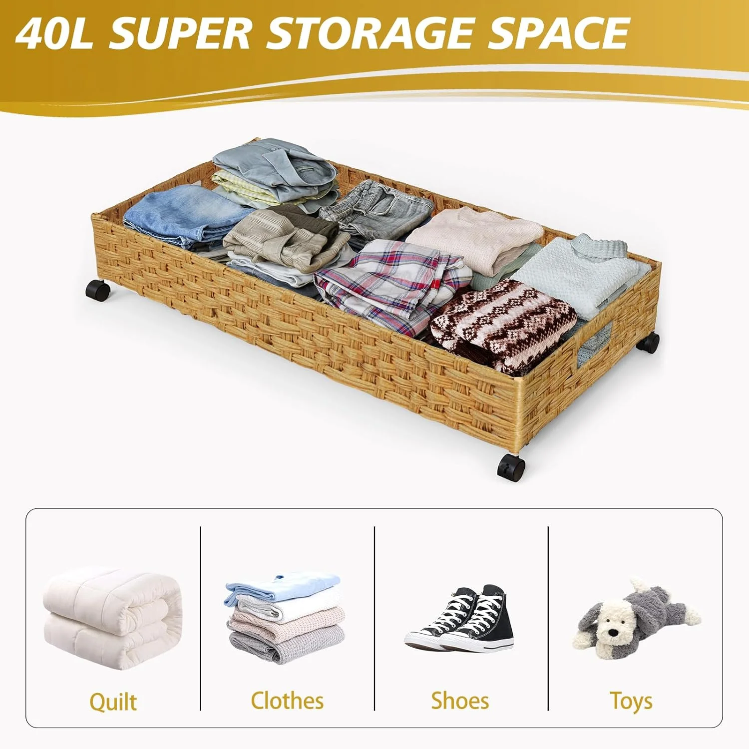 Under Bed Storage Containers with Wheels, 2 Pack 31.5in / 35L Handmade Rattan Underbed Organizer Drawer, Tool-free Assembly Rolling Under Bed Storage Bins for Shoes Clothes Toy Book
