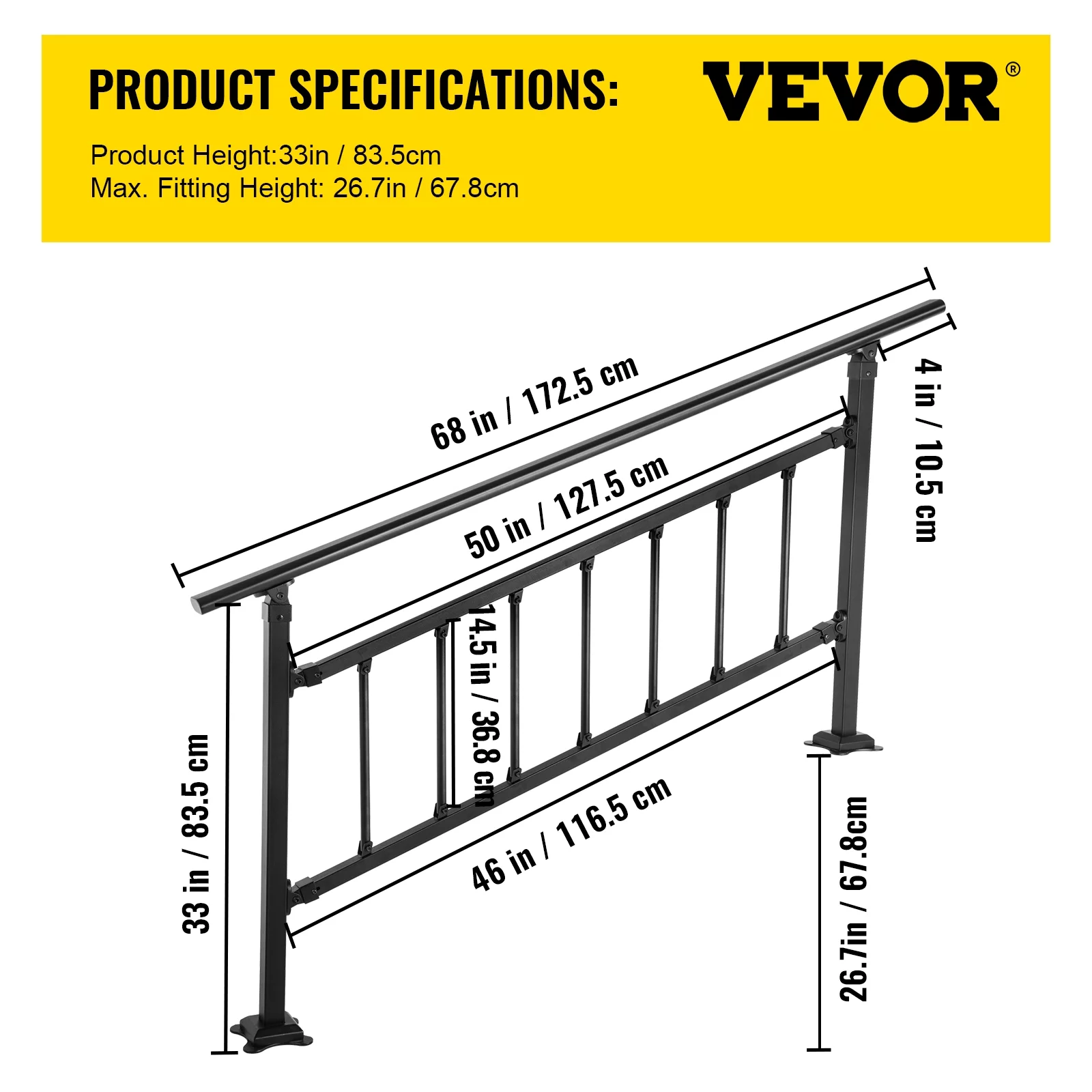 VEVOR Outdoor Stair Handrail, Fits for 1-4 Steps Transitional Wrought Iron Railing, Adjustable Exterior Stair Railing, Handrails for Concrete Steps with Installation Kit, Matte Black Outdoor Handrail