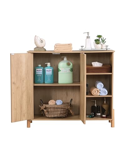 Storage Cabinet, Bathroom Cabinet with Rattan Doors, Bathroom Floor Cabinet with Open Storage & Adjustable Shelf, Coffee Bar, Storage Cabinet for Living Room, Bedroom, Entryway, Natural