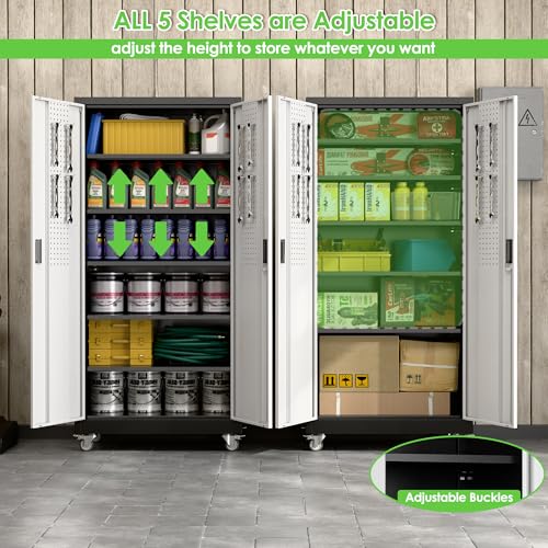 Aobabo 71" H×34" W×18" D Garage Metal Storage Cabinet with Wheels, Locking Steel Storage Cabinet with 5 Shelves and 4 Hooks, for Home Office, School, Assembly Required, Black Silver