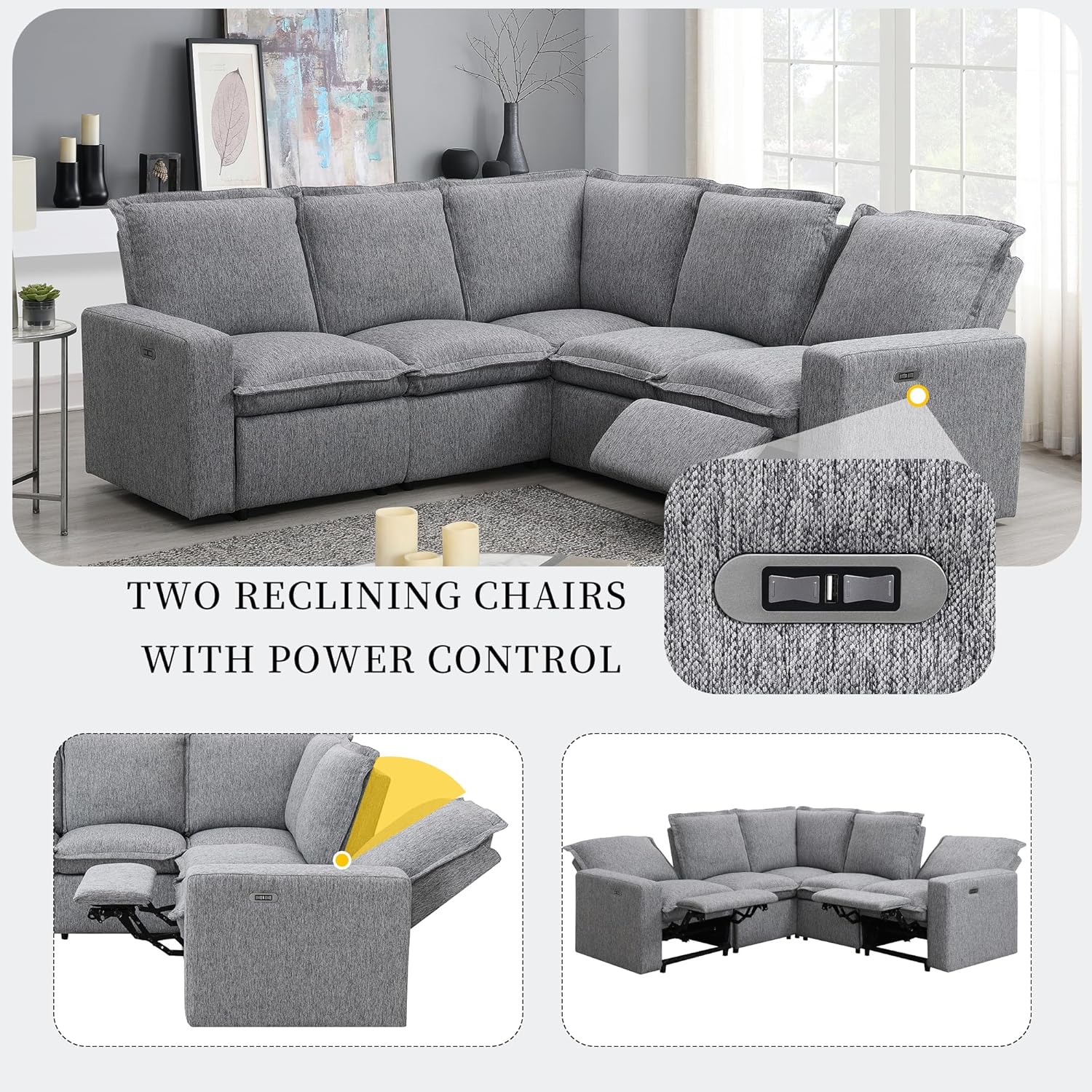 89'' Modular Sectional Sofa Couch, Convertible L Shaped Sofa with Power Recliner Chair, Modern 5-Seater Corner Sofa with USB Port, Seating Soft Chair Couch for Living Room, Home Office, Theater