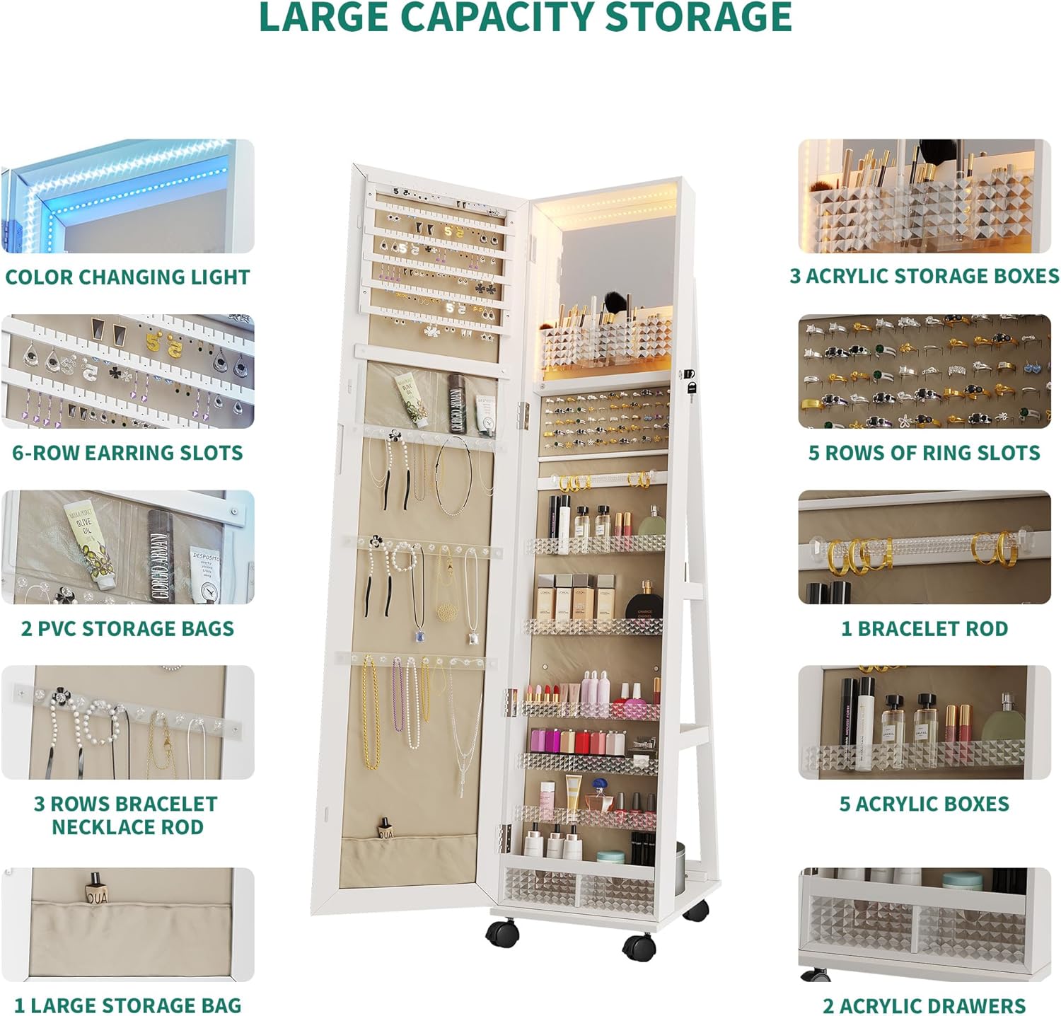 YITAHOME Mirror Jewelry Cabinet with Lights Standing Jewelry Armoire Storage Rotatable Full Length Mirror Jewelry Organizer Lockable Jewelry Armoire with Wheels for Bedroom, Cloakroom, White