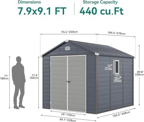 YITAHOME 8x6.2FT Outdoor Storage Shed w/o Floor, All-Weather Plastic Shed with Lockable Doors, Window & Vents, Plastic Tool Shed for Backyard, Patio, Poolside, Lawn, Gray