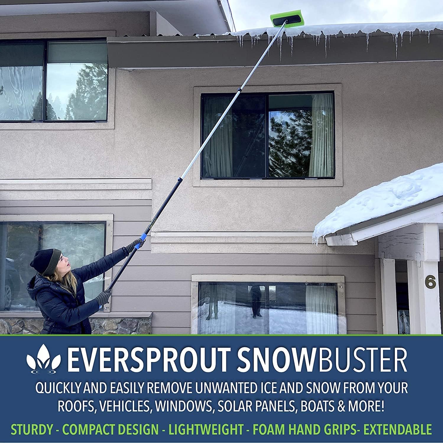 EVERSPROUT Never-Scratch SnowBuster 5-to-12 Foot (Up to 18 ft Standing Reach) | Pre-Assembled Extendable Roof Rake for Snow Removal | Lightweight Aluminum, Soft Foam Pad | Exclusive Push/Pull Design Pack of 2