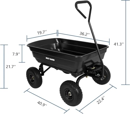 BILT HARD Poly Garden Dump Cart 1200 lbs with No Flat Tires, Quick Release, 2-in-1 Convertible Handle, 7 Cu Ft Dump Wagon Heavy Duty for Yard, Outdoor
