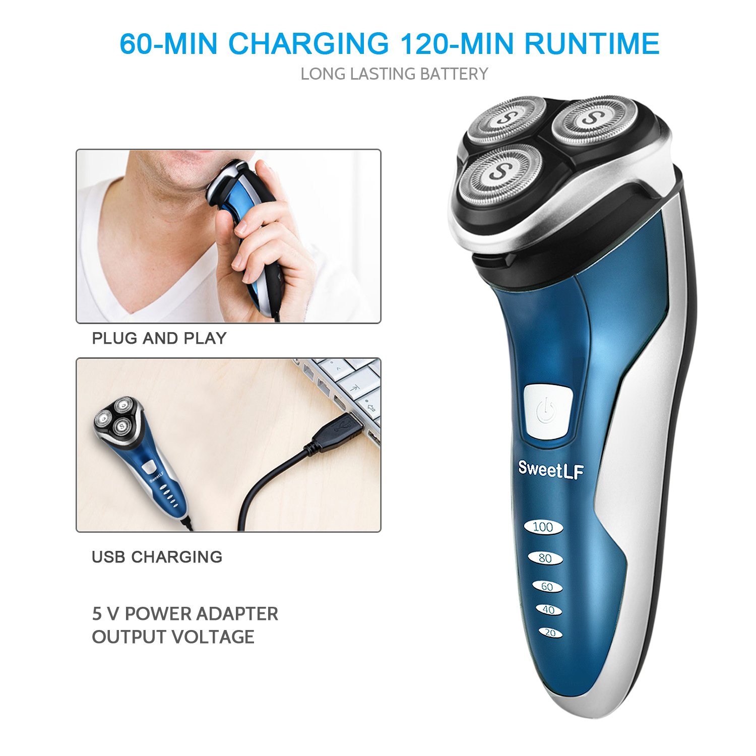 SweetLF 3D Rechargeable Waterproof IPX7 Electric Shaver Wet & Dry Rotary Shavers for Men Electric Shaving Razors with Pop-up Trimmer, Blue Pack of 2