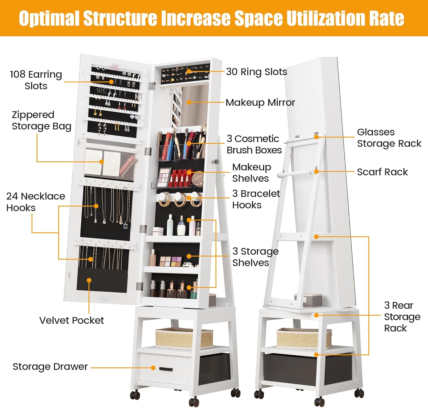360° Swivel Jewelry Armoire, Floor Standing Locking with Full Length Mirror,Bottom Drawer, Shelf, Wheels,White Cabinet with Large Storage Capacity (White push-pull)