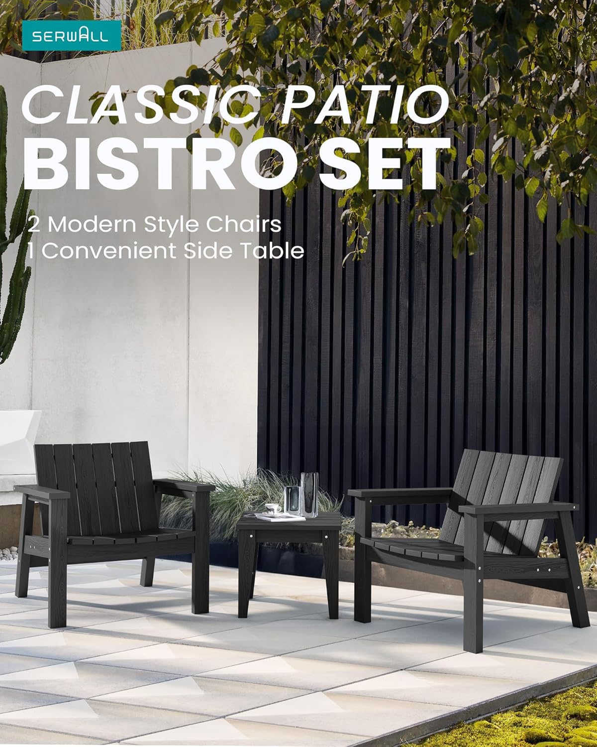 SERWALL 3 Piece Patio Bistro Set HDPE Adirondack Chair Sets with Side Table, includes Adirondack Chairs Set of 2 and 1 Adirondack Table for Patio, Lawn, Backyard- Black