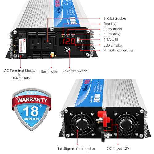 GIANDEL 2200W Pure Sine Wave Power Inverter 12V DC to 110V 120V AC with 20A Solar Charge Control and Remote Control&LED Display and Dual AC Outlets &1x2.4A USB Port for RV Truck Car Solar System