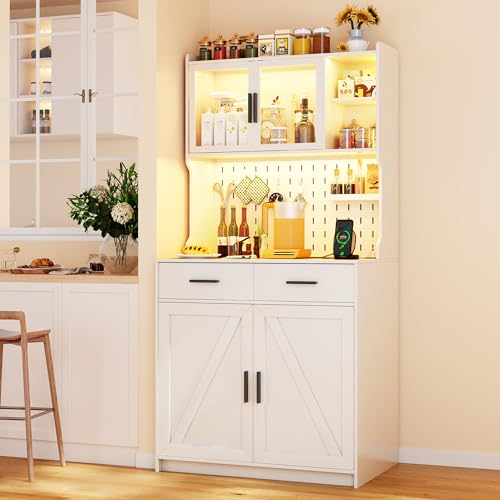 LED Kitchen Pantry Cabinet with Outlets, Farmhouse Storage Cabinet with Drawers & Adjustable Shelves, 64" Cupboard with Pegboard and Hooks for Dining Room (White)