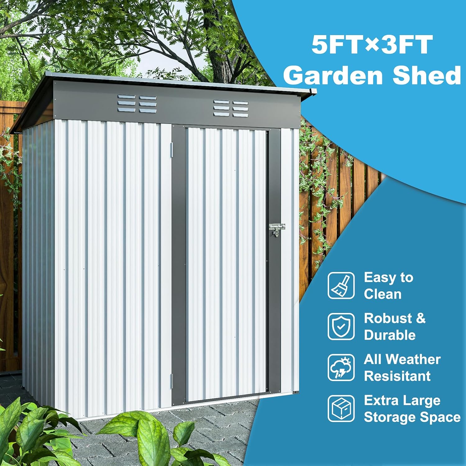 5 X 3 Ft Outdoor Storage Shed, Galvanized Metal Garden Shed with Lockable Doors, Tool Storage Shed for Patio Lawn Backyard Trash Cans