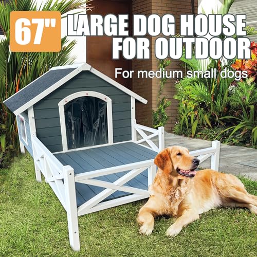 Large Wooden Dog House Outdoor with Porch, 67'' Outside Dog Kennel with Weather-Resistance Roof and PVC Curtain, Wood Pet House Used Indoor Outdoor for Small Medium Dogs Cats Pets