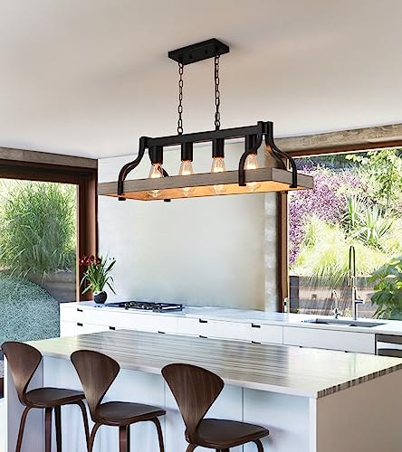 Rustic Kitchen Island Dining Room Light Fixture Farmhouse Linear Chandelier Black and Retro Wood Finish 4-Light Industrial Metal Hanging Pendant Light UL Listed L28.3 W10.6