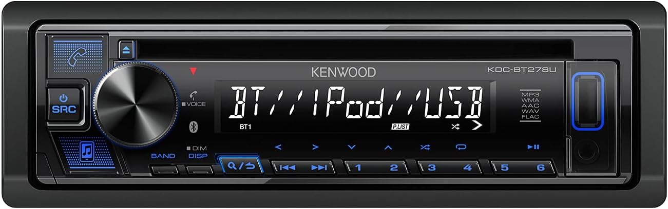 KENWOOD KDC-BT278U CD Car Stereo w/ Bluetooth, Single DIN, App Control & AM/FM Radio, USB Port, AUX Input
