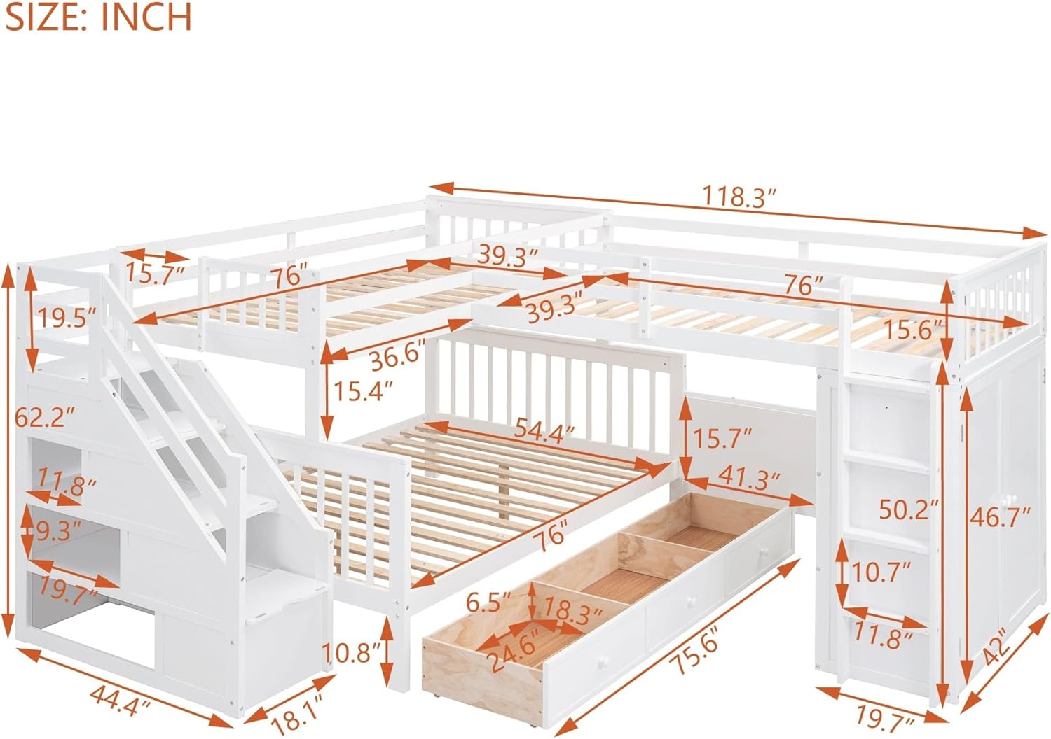 Twin-Twin Over Full L-Shaped Bunk Bed W/3 Drawers Wardrobe Solid Wood W/Portable Desk Ladder Guardrail White Modern Contemporary Unisex Nature Space Pine Finish