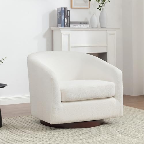 MINCETA Accent Chairs,Oversized 360 Swivel Barrel Chairs(Seat Area:23.6" D x 24.4" W),Modern Boucle Armchair with Wood Base for Living Room and Bedroom,PU Leather in Brown