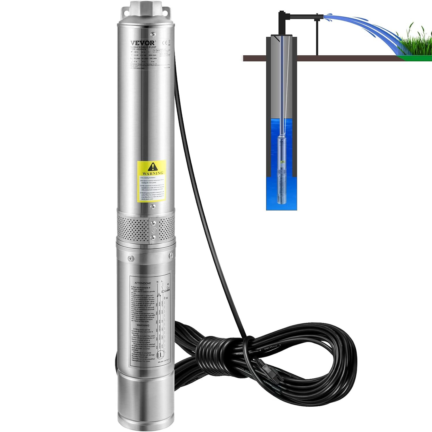 VEVOR Deep Well Submersible Pumps, 1HP 37gpm 207ft and 0.5HP 28gpm 167ft Head, 4" Stainless Steel Water Pumps