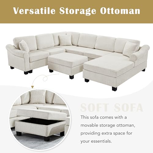 Oversized U-Shaped Sectional Sofa Couch Plush Corduroy Upholstered Modular Deep Seat Sofa&Couch Sectional W/Right Facing Chaise Lounge and 7 Toss Pillows for Home Apartment Living Room Furniture Sets