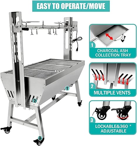 Stainless Steel Rotisserie Grill With Back Cover Guard, 25W Motor Small Pig Lamb Rotisserie Roaster, 37 Inch BBQ Charcoal Rotisserie Grill For Camping Outdoor Kitchen (with Baffle)