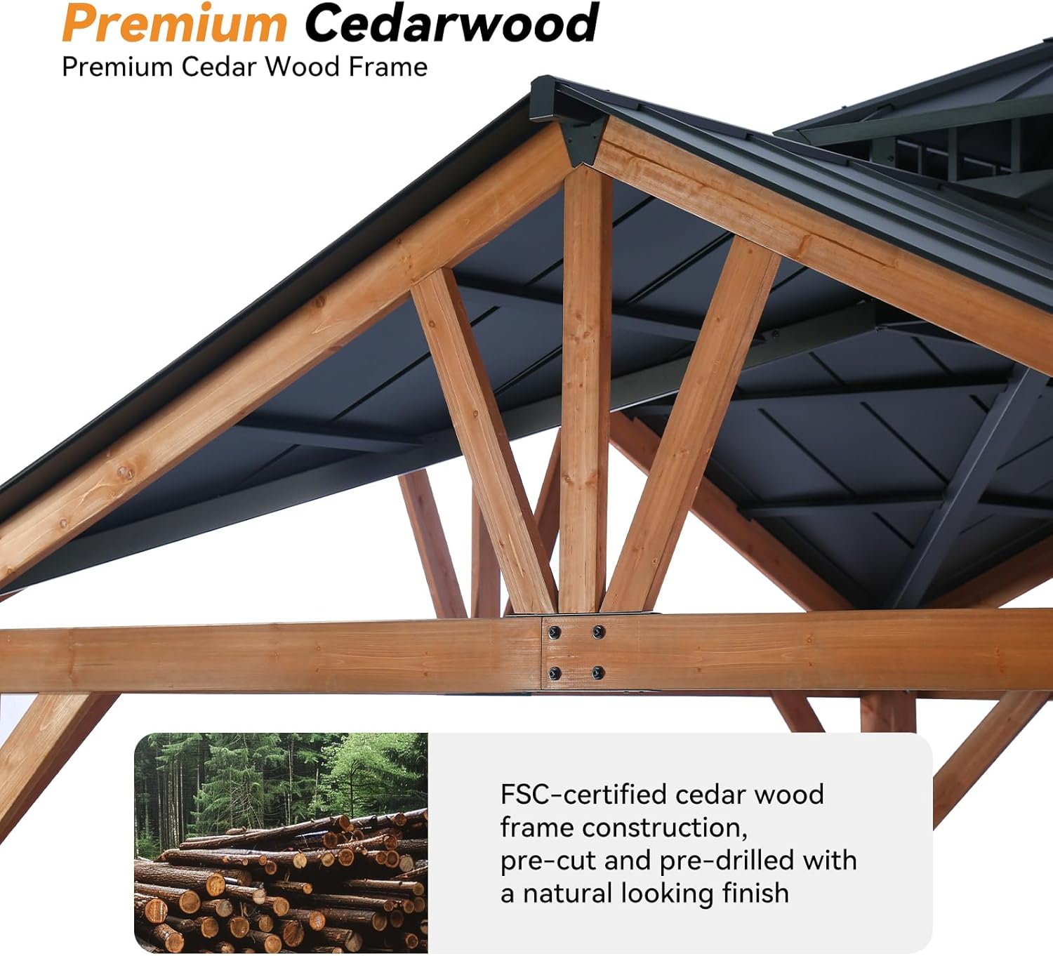 Modern Shade Wood Gazebo 12’x12’, Heavy Duty Hardtop Gazebo with Steel Roof, Water Resistant, Wind Resistant, Perfect for Your Permanent Outdoor Pavilion, Solid Wood Framed Gazebo, Cedar Gazebo