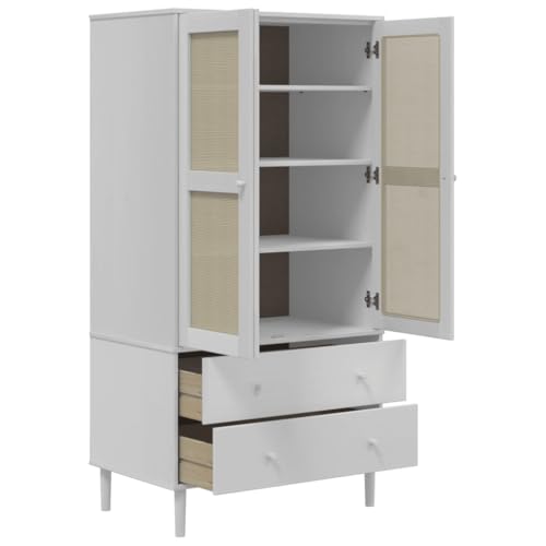 vidaXL Solid Pine Wood Wardrobe - White, Rattan Look Design, Spacious Drawers and Compartments, UV Varnish Finish, Ample Storage for Clothes and Accessories, Perfect for Living Room or Bedroom
