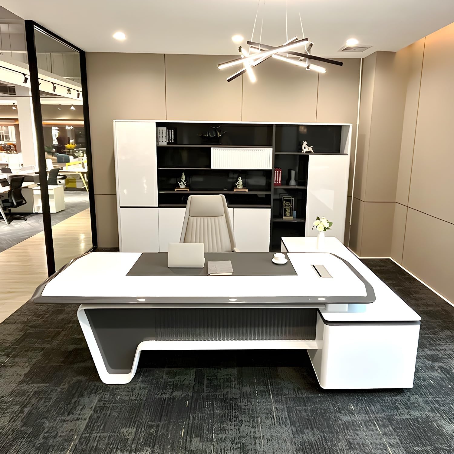 Modern White L-Shape Executive Desk with Cable Management and Built-in Storage, Piano Inspired L-Shaped Workstation Home Office Desk 94.5" L x 31.5" W x 29.5" H, Right Hand Return