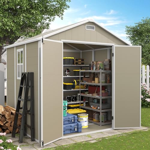 Outdoor Storage Shed, 6x6 FT Resin Shed with Floor and Lockable Door, Window, Vents, Tool Sheds and Outdoor Storage for Bike, Garden Accessories, Tools, Waterproof (Grey & White)