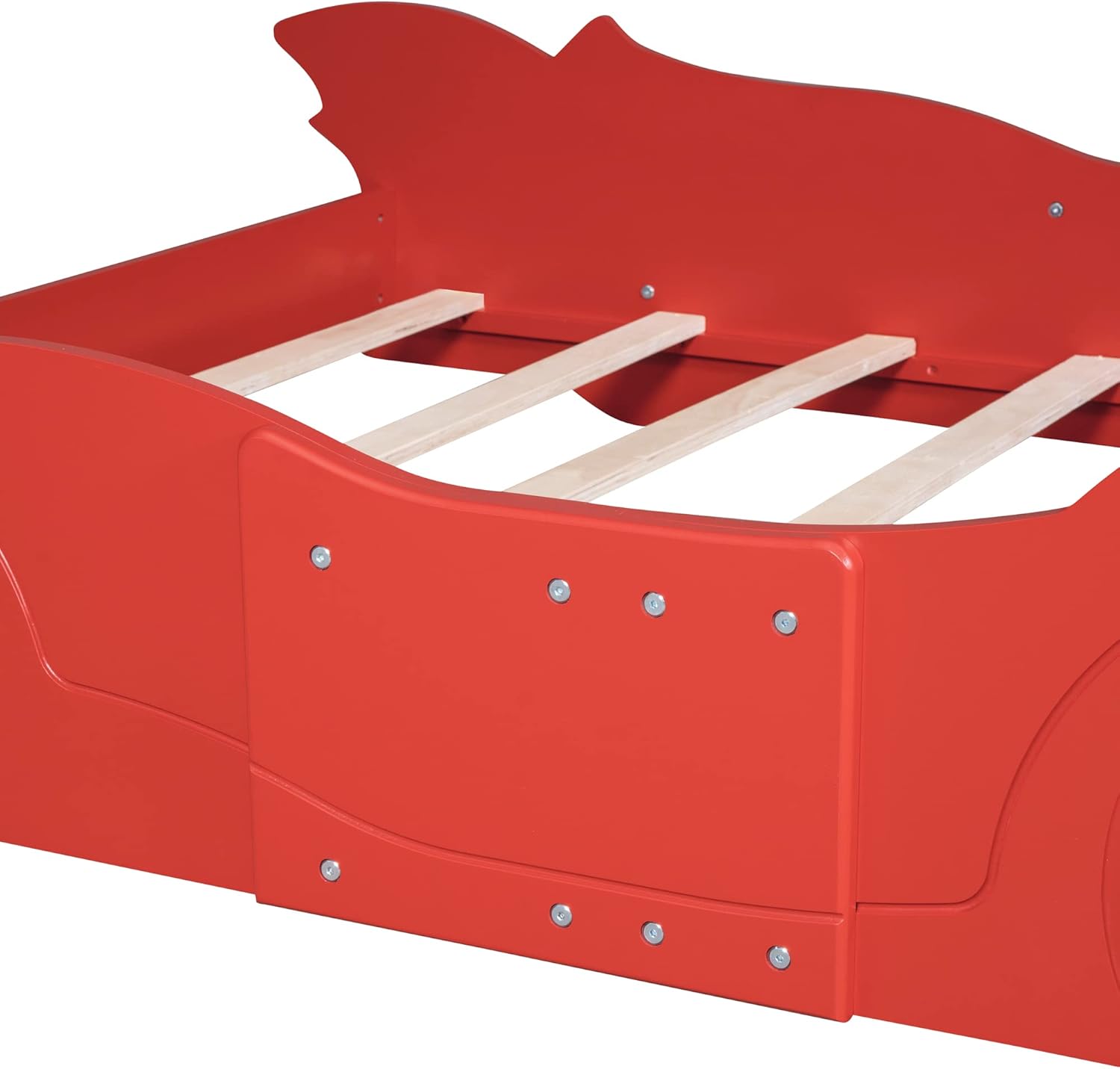 Full Size Race Car-Shaped Platform Bed with Wheels, Kids Car Bed, Wooden Car Shaped Platform Bed Frame for Kids Boys Girls Bedroom, No Box Spring Needed, Rails Design On Both Side, Full, Red
