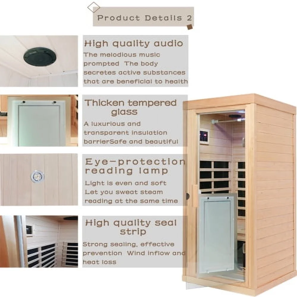 1-Person Far Infrared Sauna Room using Canadian Hemlock, Outdoor Personal Home Spa for Relaxation with intelligent control panel(Wood),American standard Power plug,TUV GS CE Safety Certification