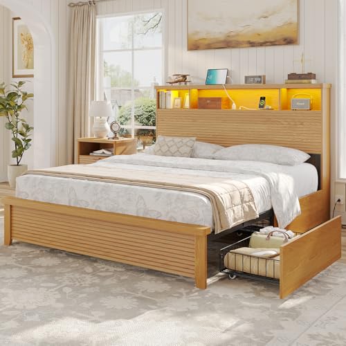 VIAGDO Wood Bed Frame Full Size with 4 Storage Drawers and Charging Station, Fluted Led Full Bed Frame with 2 Tier Storage Headboard, No Box Spring Needed,Wood
