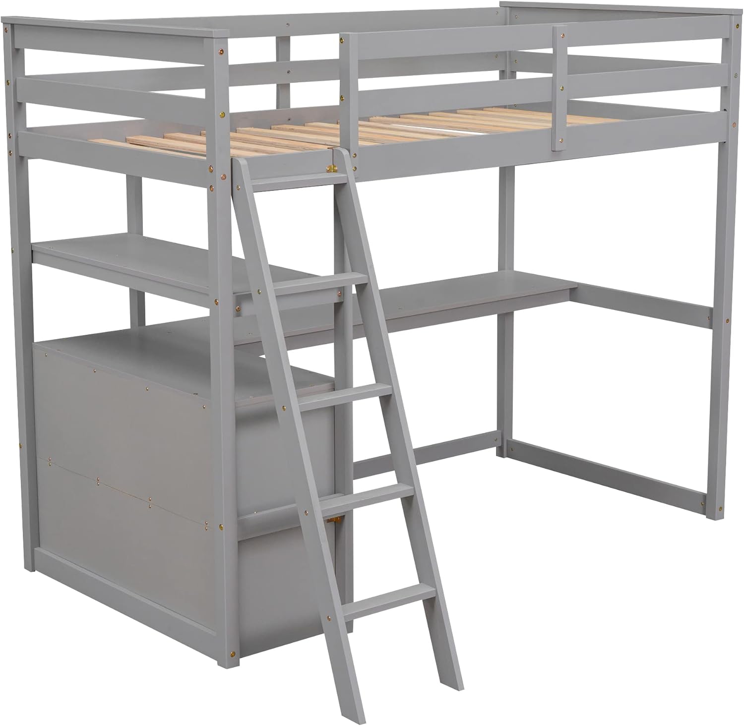 Merax Twin Size Loft Bed with Desk, Shelves and Two Built-in Drawers, Solid Wood Bed Frame for Teens, Grey