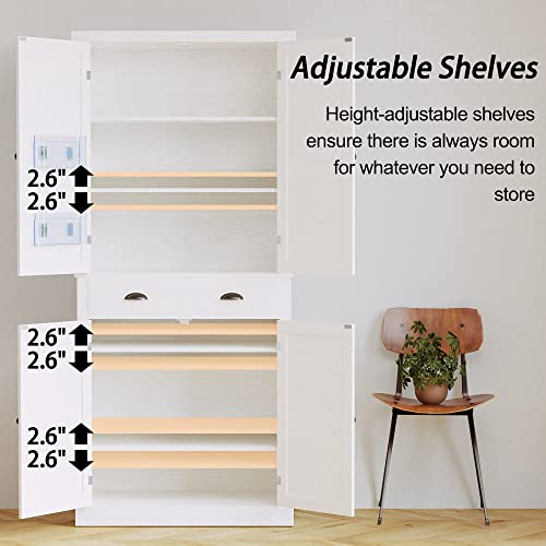 IRONCK Kitchen Pantry Storage Cabinet 72.6" H, with Barn Doors, Drawer, 4 Adjustable Shelves, Freestanding Cupboard for Dining Room Living Room, Laundry, White