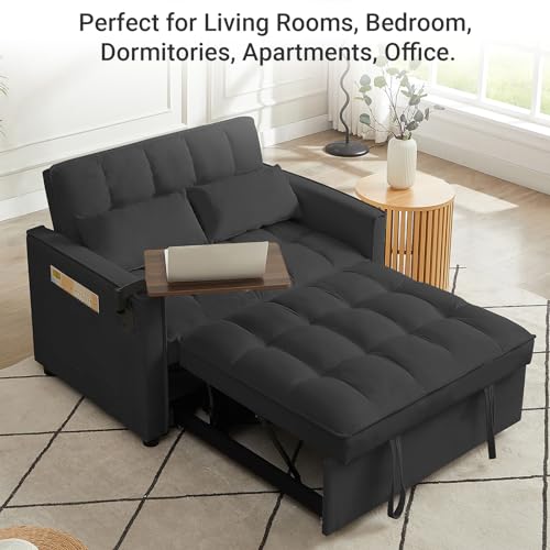 3 in 1 Convertible Sleeper Sofa Bed Pull Out Couch Futon Loveseat Velvet Chaise Lounge with 2 Pockets and 2 Pillows for Living Room, Black