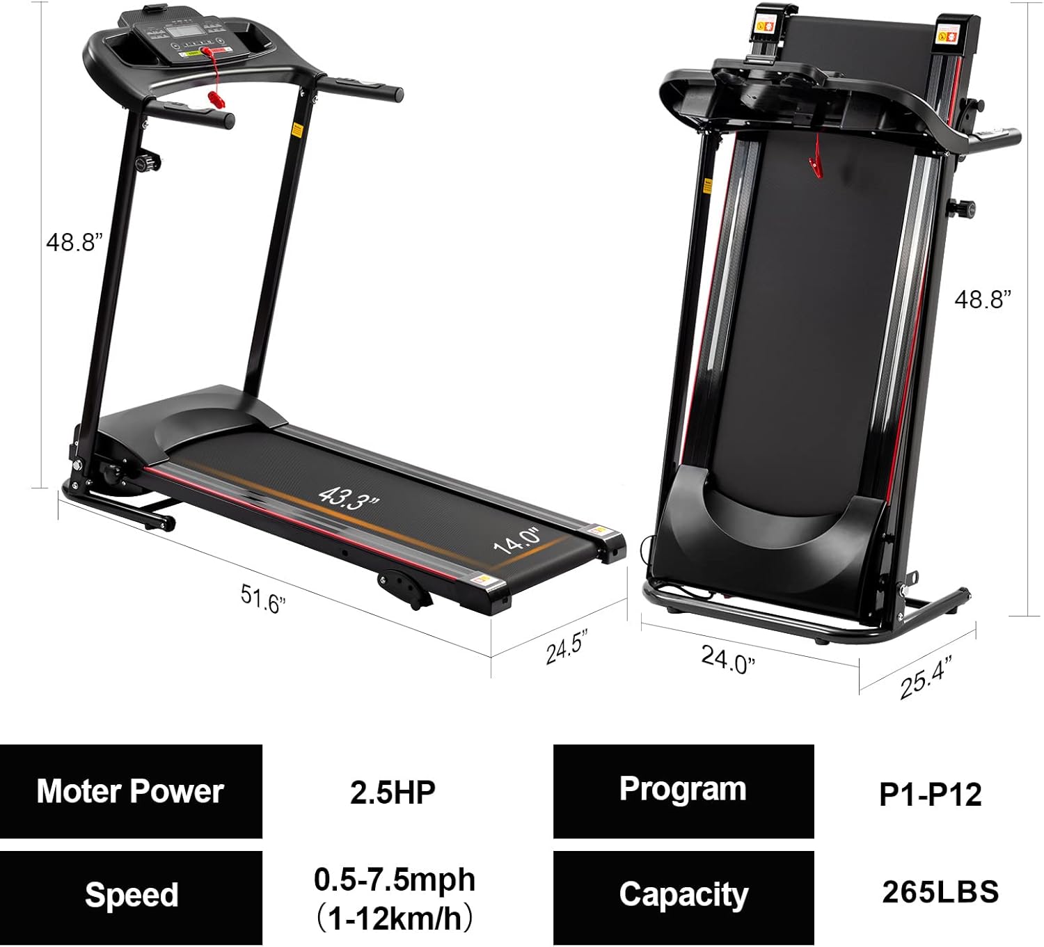 Folding Treadmill with Incline 2.5HP 12KM/H Electric Treadmill for Home Foldable, Bluetooth Music Cup Holder Heart Rate Sensor Walking Running Machine for Indoor Home Gym Exercise Fitness