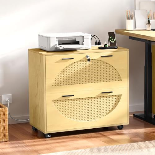 YITAHOME 2 Drawer File Cabinet with Charging Station, Rattan Filing Cabinet with Lock, Wood File Cabinet with Wheels, Home Office Furniture Fits A4, Letter, Legal Size Files