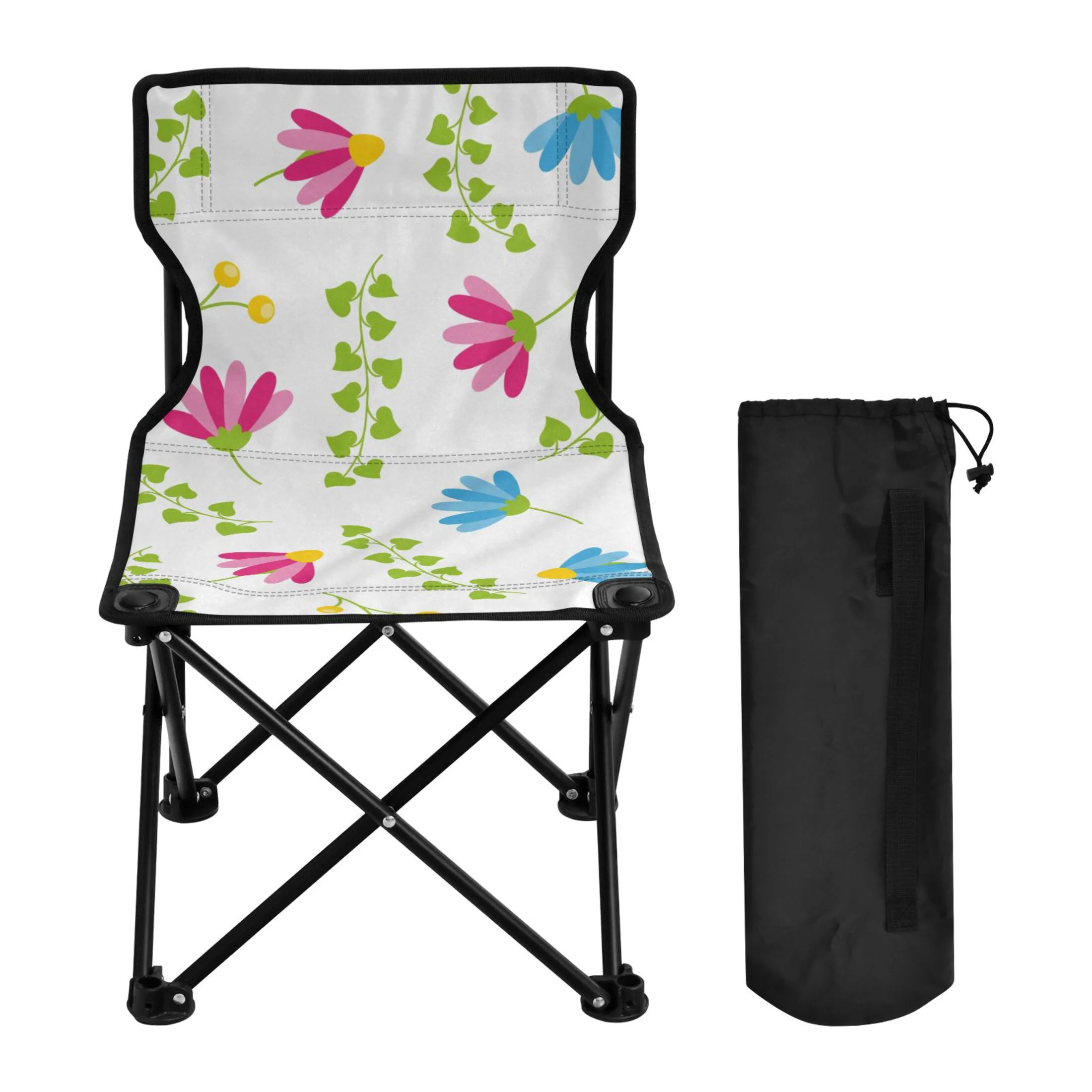 Pink Floral Green Leaves Portable Camping Chair Outdoor Folding Beach Chair Fishing Chair Lawn Chair with Carry Bag Support to 220LBS