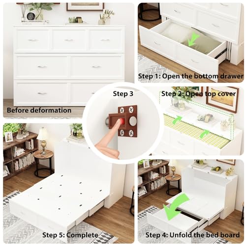 MOUMON Queen Size Murphy Bed with Charging Station, Murphy Bed Cabinet with 1 Drawer, Murphy Bed Queen Murphy Bed Chest with Black Handles, for Office Bedroom White (81.5”W x 61.8”D x 40.9”H)