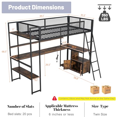Full Size Loft Bed with Desk and Stairs,Metal Gaming Loft Bed Full with Wardrobe and Shelf, High Loft Bed with LED & USB Charging Station for Teens, Adults, Space Saving Design,Black